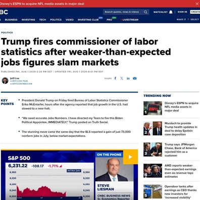 Trump ไล่ออกหัวหน้าสำนักสถิติแรงงานหลังรายงานตัวเลขการจ้างงานผิดหวังทำตลาดหุ้นร่วง