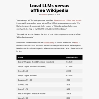 LLM vs Wikipedia: Pertarungan Ukuran yang Mengejutkan untuk Penyimpanan Pengetahuan Offline
