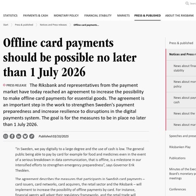 Sweden บังคับใช้การชำระเงินด้วยบัตรแบบออฟไลน์ภายในเดือนกรกฎาคม 2026 เพื่อเสริมความพร้อมรับมือเหตุฉุกเฉิน