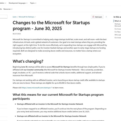 Microsoft Mengurangkan Kredit Startup Sebanyak 97% untuk Syarikat Tanpa Sokongan Pelabur