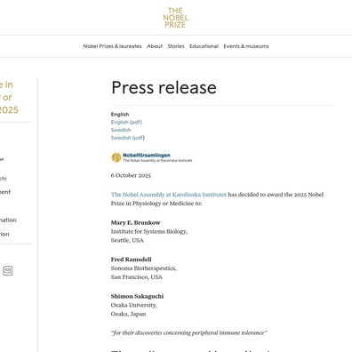Hadiah Nobel Perubatan 2025 Dianugerahkan untuk Penemuan Terobosan "Pengawal Keselamatan" Sistem Imun