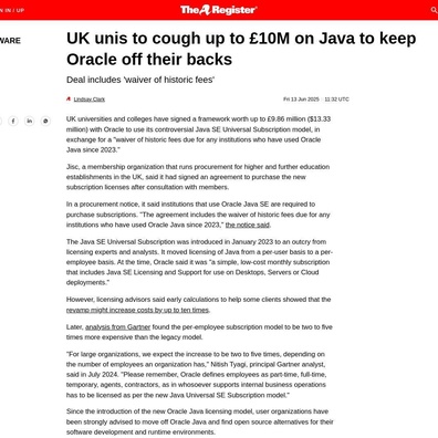 英國大學因 Java 許可陷阱措手不及,向 Oracle 支付1000萬英鎊
