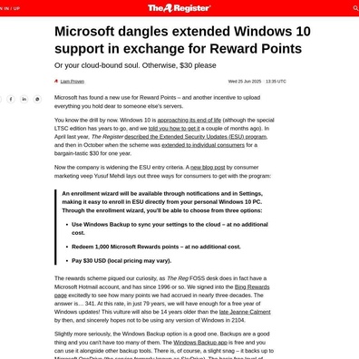 Hỗ trợ mở rộng Windows 10 hiện có sẵn thông qua điểm Microsoft Rewards và sao lưu đám mây