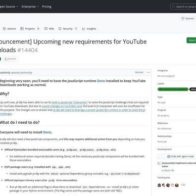 YouTube บังคับให้ yt-dlp ต้องใช้ Deno Runtime ขณะที่ Google เพิ่มมาตรการป้องกันการดาวน์โหลด