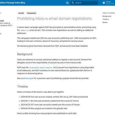PyPI 在大規模垃圾郵件攻擊創建 1,500 個假套件後封鎖 inbox.ru 電子郵件網域