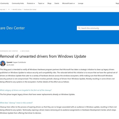 Sáng kiến dọn dẹp driver của Microsoft gây lo ngại về hỗ trợ phần cứng cũ