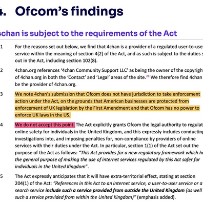Ofcom của Anh Tuyên Bố Quyền Lực Quản Lý Toàn Cầu Đối Với Internet, Châm Ngòi Tranh Chấp Pháp Lý với 4chan
