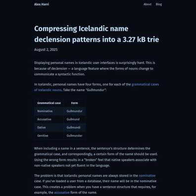 Developer Compresses Icelandic Name Database from 3.27MB to 1.27KB Using Advanced Trie Techniques