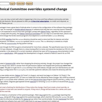 คณะกรรมการเทคนิค Debian บังคับให้ systemd ต้องรักษาไดเรกทอรีล็อกรุ่นดั้งเดิม