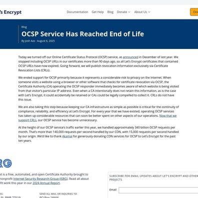 Let's Encrypt đóng cửa dịch vụ OCSP, gây ra cuộc tranh luận về sự đánh đổi bảo mật web