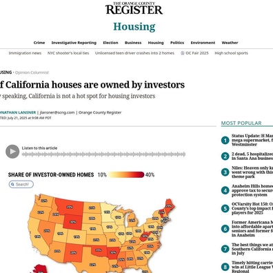 อัตราที่อยู่อาศัยของนักลงทุนใน California 19% จุดประกายการถกเถียงเรื่องอุปทานเทียบกับความไม่เท่าเทียมของความมั่งคั่ง
