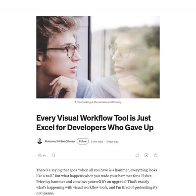 開発者たちが Excel とビジュアルワークフローツールを「コーディングを諦めた」という批判から擁護