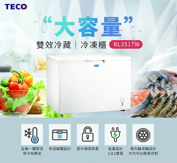 【TECO 東元】330公升上掀式單門冷凍櫃(RL3517W)
