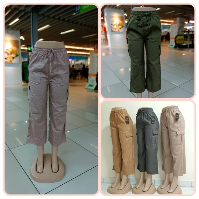 Ready Stock )Long Palazzo Cargo 6 Pocket Solid Denim Jeans New