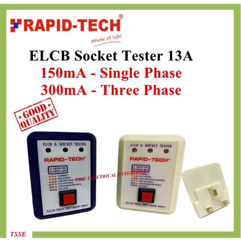 ELCB & SOCKET TESTER 13A 3PIN PLUG IN (BELOW 150mA)