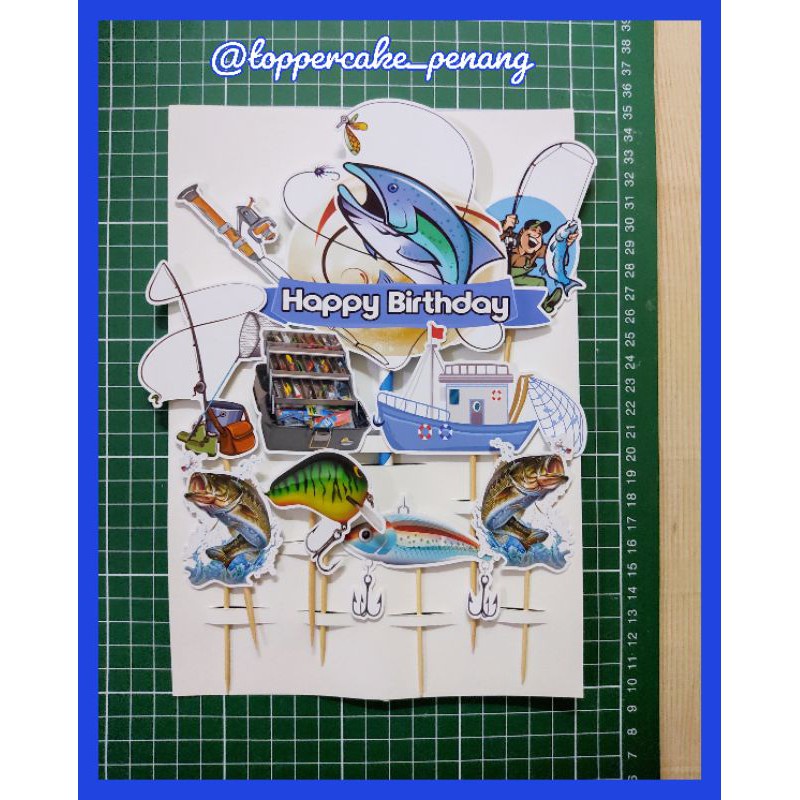 CUSTOM NAME] Happy Birthday Cake Topper Fishing Joran Memancing Decoration  Set Party Kaki Pancing Banner Accessories