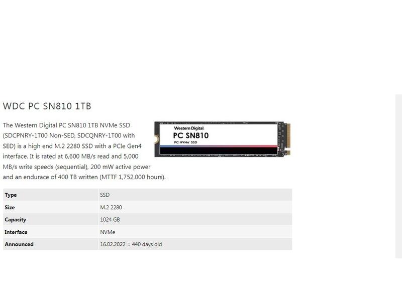 Western Digital PC SN810 1024GB 1TB SSD