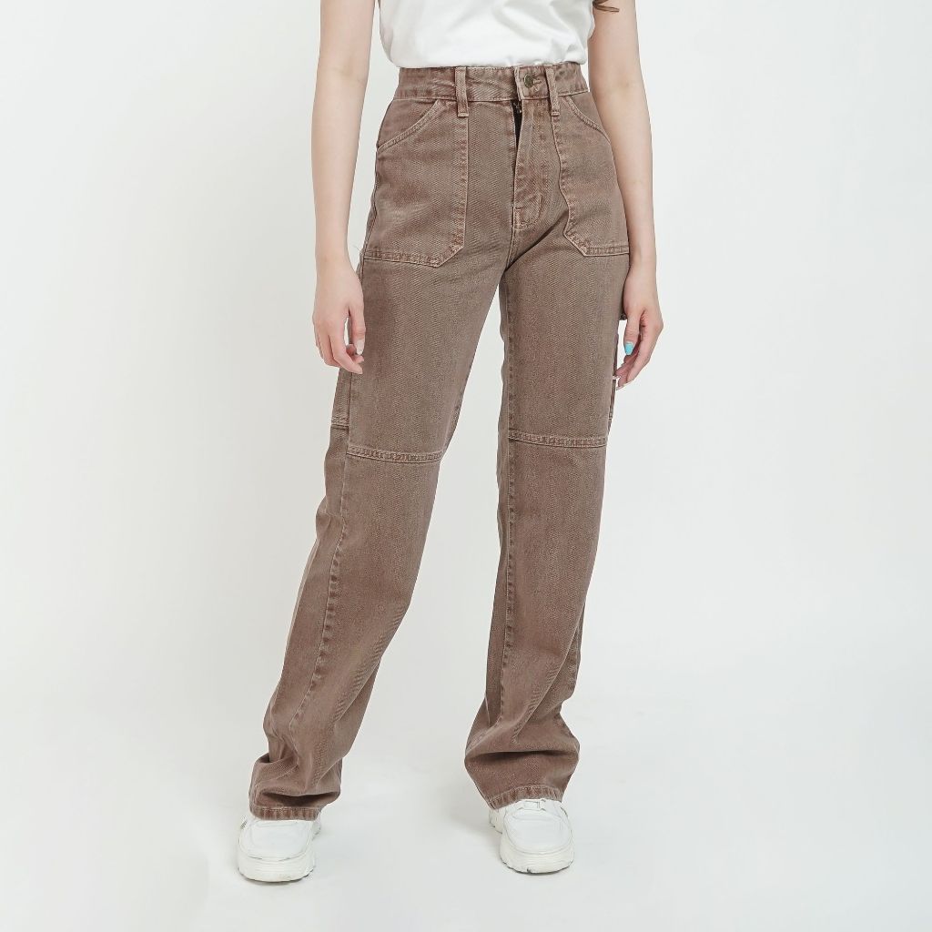 LDD-Women Solid Color Cargo Pants, High Waist Straight-leg Buckle Jeans  with Pockets, Khaki/ Brown