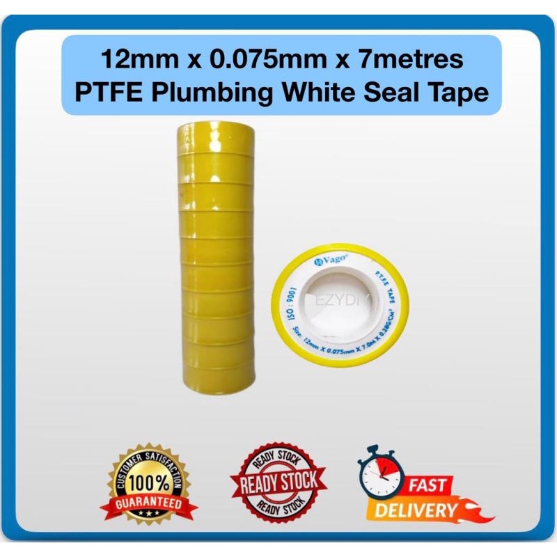 VAGO Seal White Tape / Water Pipe White P.T.F.E. Seal Tape / White Tape /  Plumbing Tape ( 12mm x 0.075mm )水喉白胶布