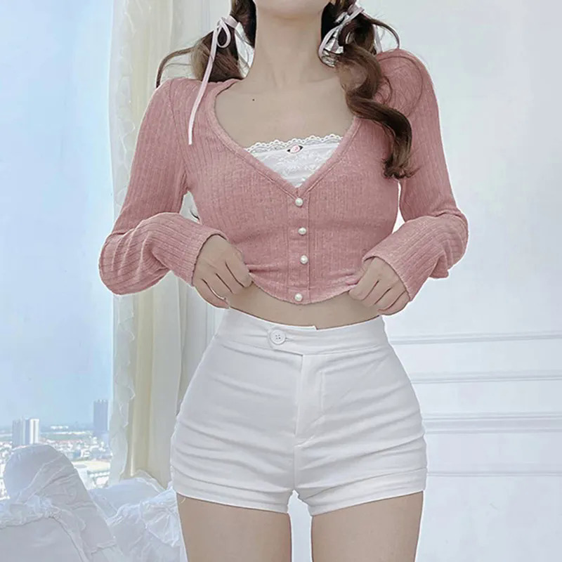 Iamhotty Coquette Aesthetic Lace Patchwork Top Pink Long Sleeve