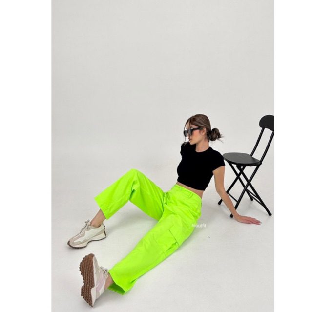 Sexy Neon Green Cargo Pants Women High Waist Pocket Wide Leg